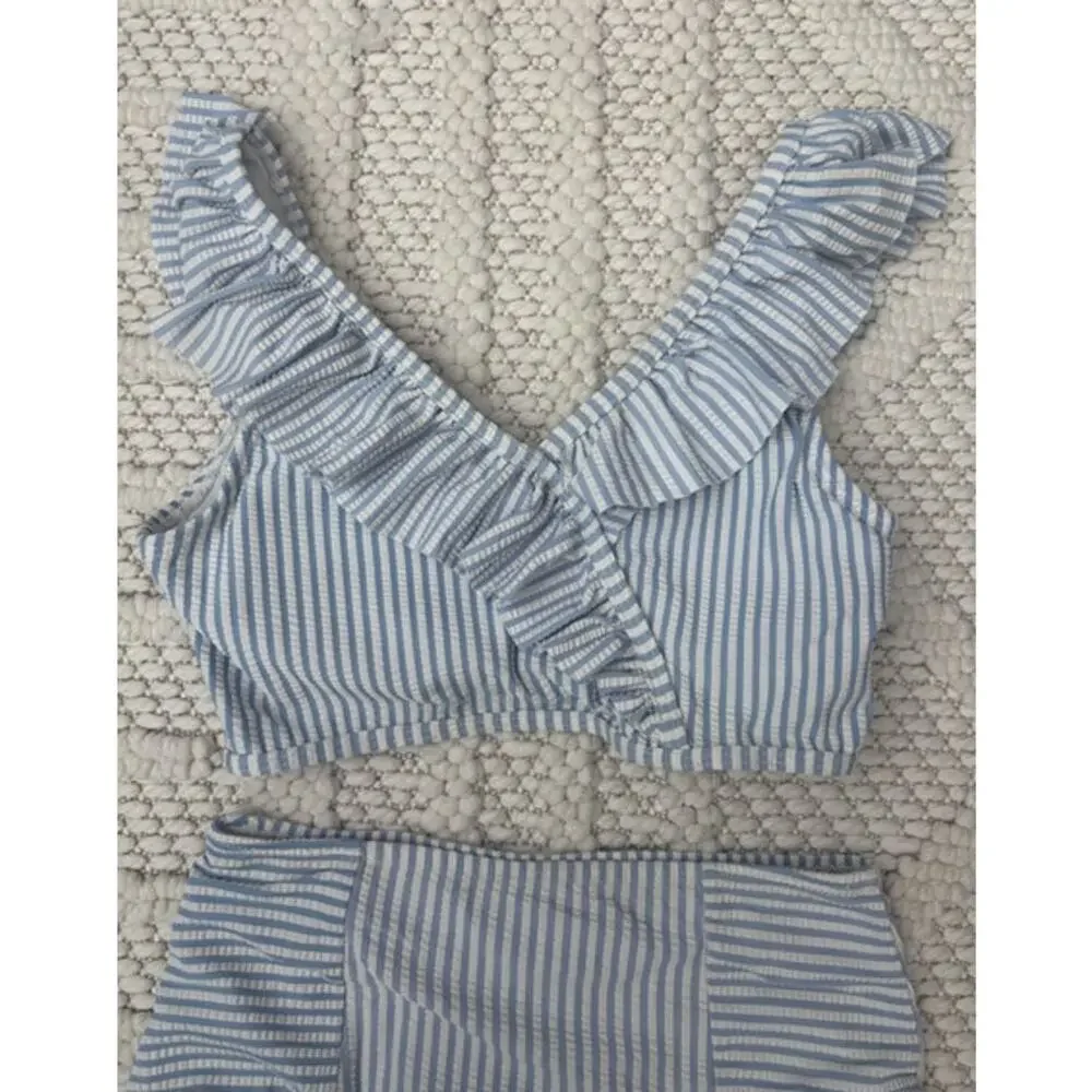 Girls Ruffle Butts Blue & White Ruffle Pinstriped 2 Piece Swimsuit Size 10